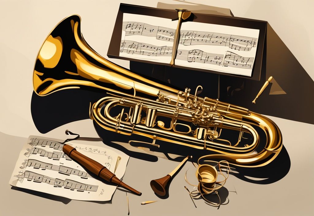 Illustrazione digitale moderna con tema dorato, raffigurante strumenti musicali, spartiti e una penna d'oca in stile antico, rappresentando i beni di Amadeus Mozart.