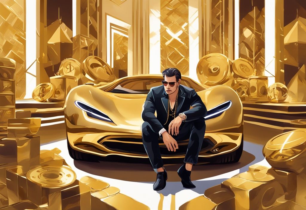 Illustrazione digitale moderna di Jake La Furia in un ambiente lussuoso, circondato da auto costose, abiti firmati e dischi d'oro, con tema principale d'oro.