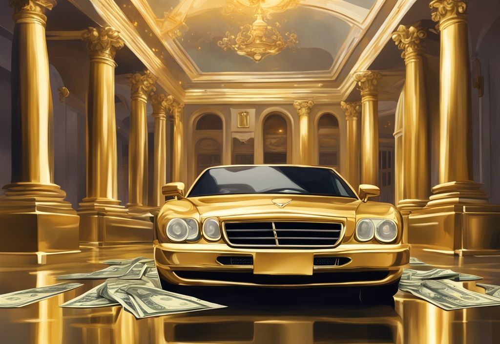 Illustrazione digitale moderna con tema oro, raffigurante una lussuosa villa italiana, auto di lusso e pile di denaro, simbolo del patrimonio di Felice Maniero.