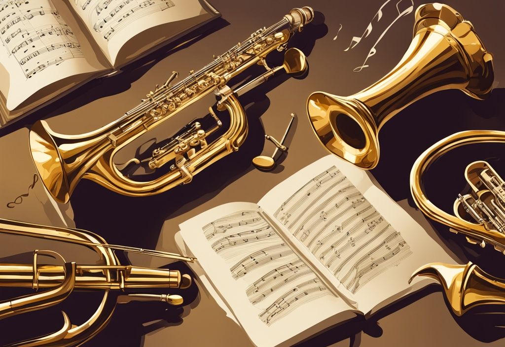 Illustrazione digitale moderna con tema dorato raffigurante strumenti musicali, spartiti e penna d'oca in stile antico, rappresentanti i beni di Amadeus Mozart.
