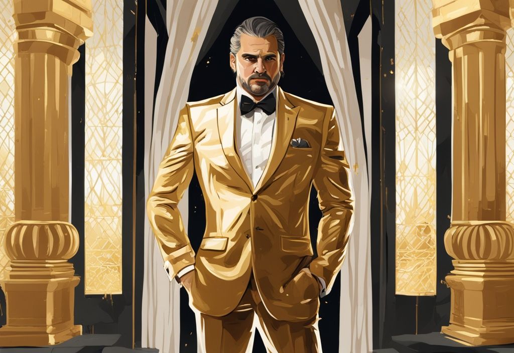 Illustrazione digitale moderna con tema dorato, raffigurante Jake La Furia in un ambiente opulento, simboleggiando il patrimonio di Jake La Furia.