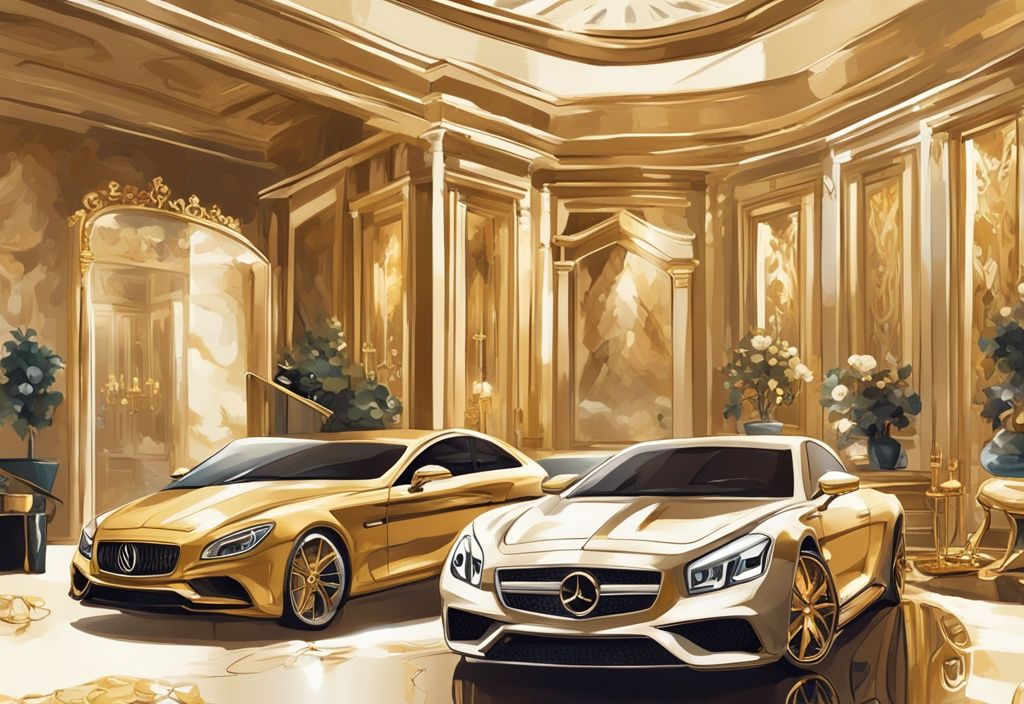 Illustrazione digitale moderna con tema dorato, raffigurante oggetti di lusso come auto di alta gamma, una grande villa e gioielli costosi, simbolo della ricchezza e dei beni di Felice Maniero.