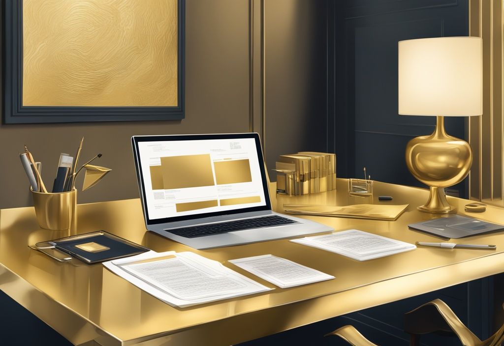 Illustrazione digitale moderna con tema dorato che mostra un ufficio sofisticato con documenti finanziari, laptop di lusso e foto incorniciata di Guido Maria Brera, evidenziando il patrimonio di Guido Maria Brera.