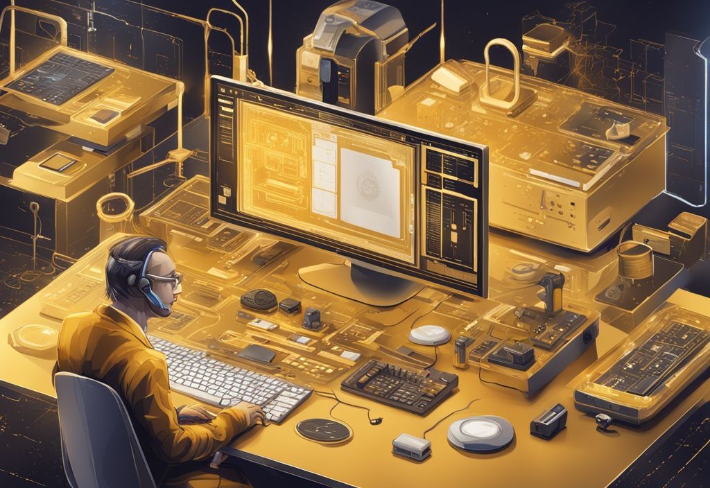 Illustrazione digitale moderna con tema oro, raffigurante attrezzature high-tech, interfacce software e un team di professionisti, simbolo del patrimonio di Amadeus.