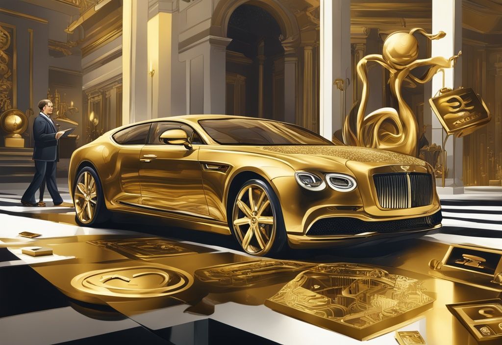 Illustrazione digitale moderna di Guido Maria Brera in un ambiente sofisticato, circondato da simboli di ricchezza come auto di lusso, immobili di prestigio e grafici di borsa, con tema cromatico principale dorato.