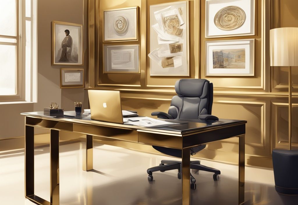 Illustrazione digitale moderna in tema dorato di un ufficio sofisticato con documenti finanziari, un laptop di lusso e una foto incorniciata di Guido Maria Brera, evidenziando il patrimonio di Guido Maria Brera.